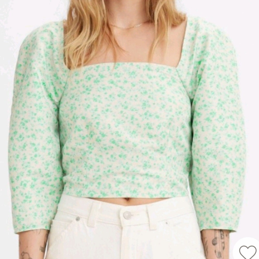 Levi's® Yvie Cropped Top Puff 3/4 Sleeve Electric Green Floral Women's XL NEW